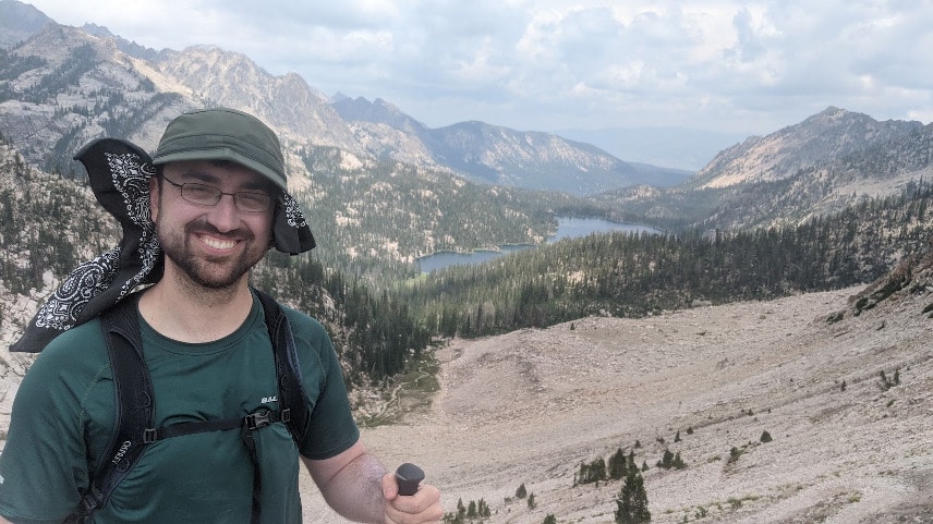 Mike hiking over the pass to Imogene Lake in Idaho